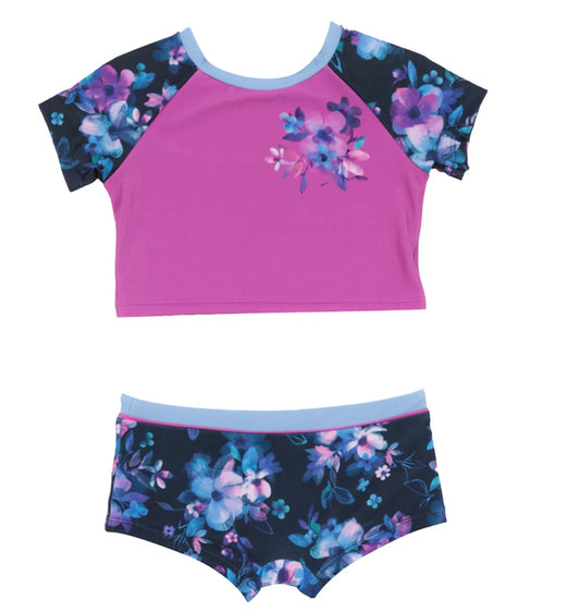 Girls Floral Purple Two Piece Short Sleeve UV Swimsuit-Nano