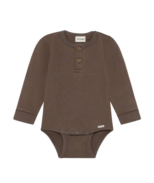 Solid Ribbed Cotton Body Suit Henley Style -Minymo brown