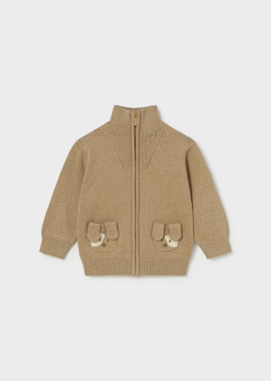 Tan Puppy Pocket Zipper Cardigan  Sweater - Mayoral