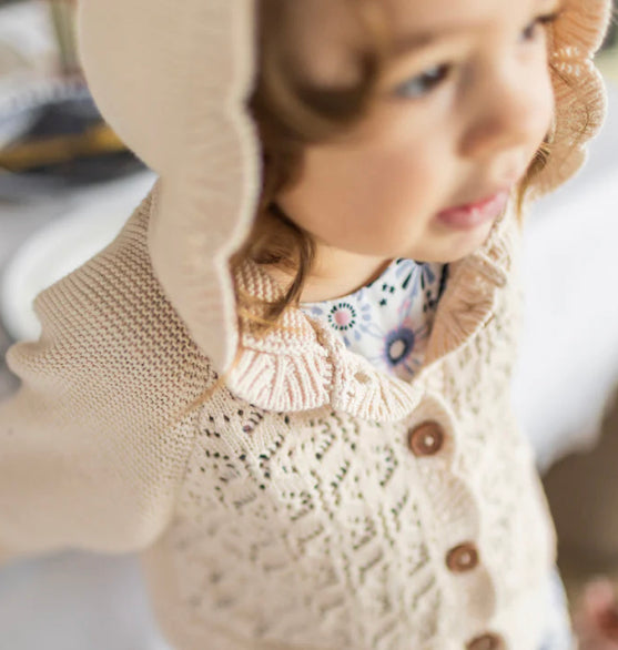 Cream Crocheted Long Sleeve Knitted Vest -Souris Mini