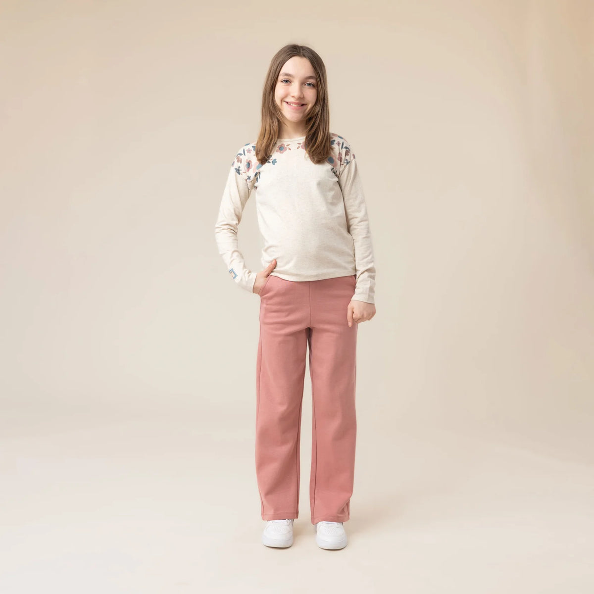 Beige Long Sleeve Sweater with Floral Detail - Nano