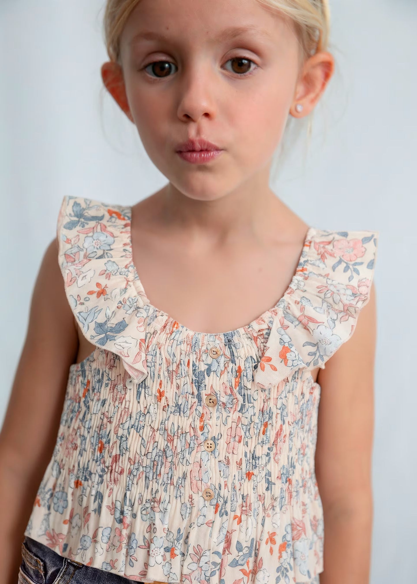 Girls Blue and Salmon Floral Printed Bambula Top - Mayoral
