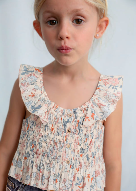 Girls Blue and Salmon Floral Printed Bambula Top - Mayoral