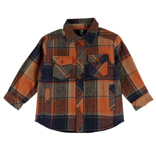 Orange and Blue Brushed Cotton Plaid Button Up Shirt-Nano