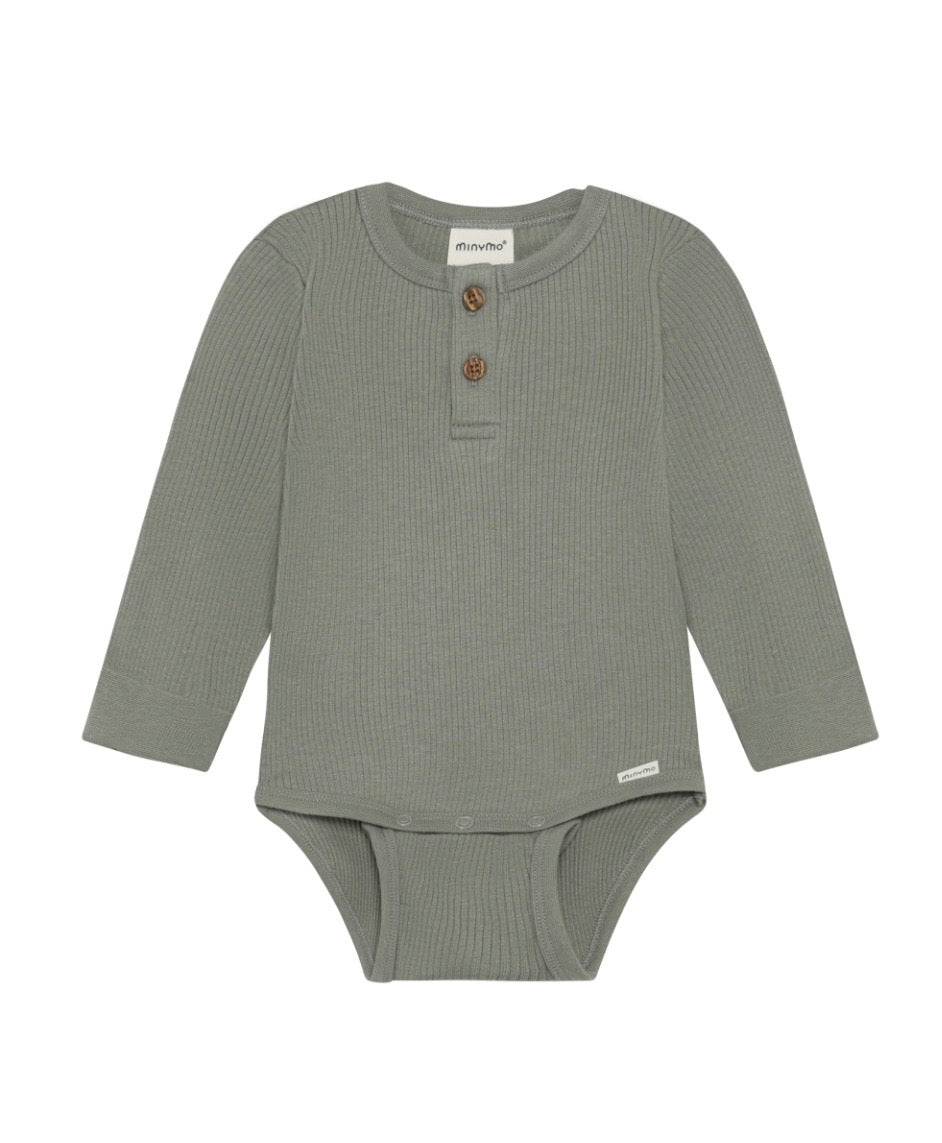 Solid Ribbed Cotton Body Suit Henley Style -Minymo Sage