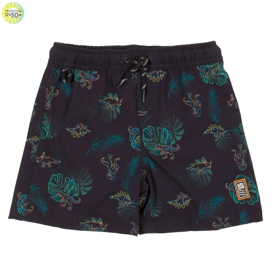 Black and Green Dino and Palm Tree Board Shorts -Nano