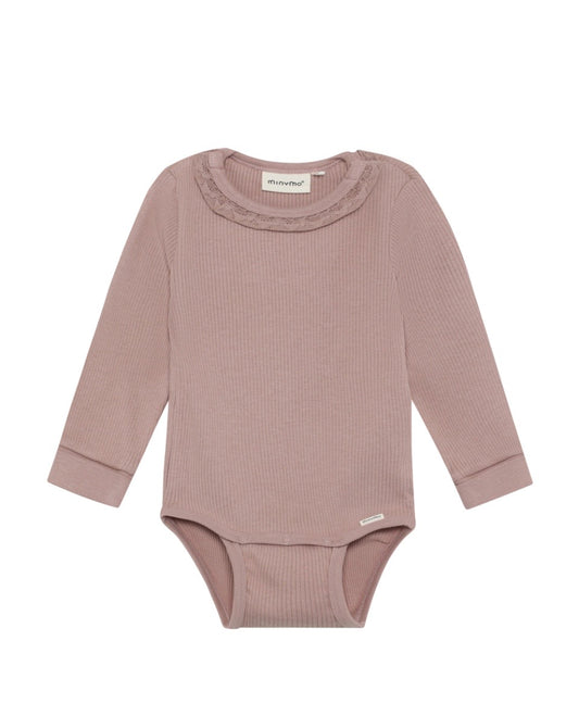 Dusty Blush Ribbed Long Sleeved Bodysuit In Cotton-MinyMo