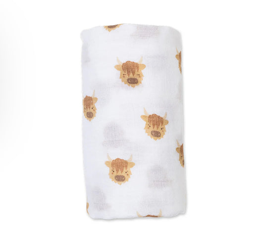 Highland Cow Cotton Muslin Swaddle Blanket 40x40-Lulujo