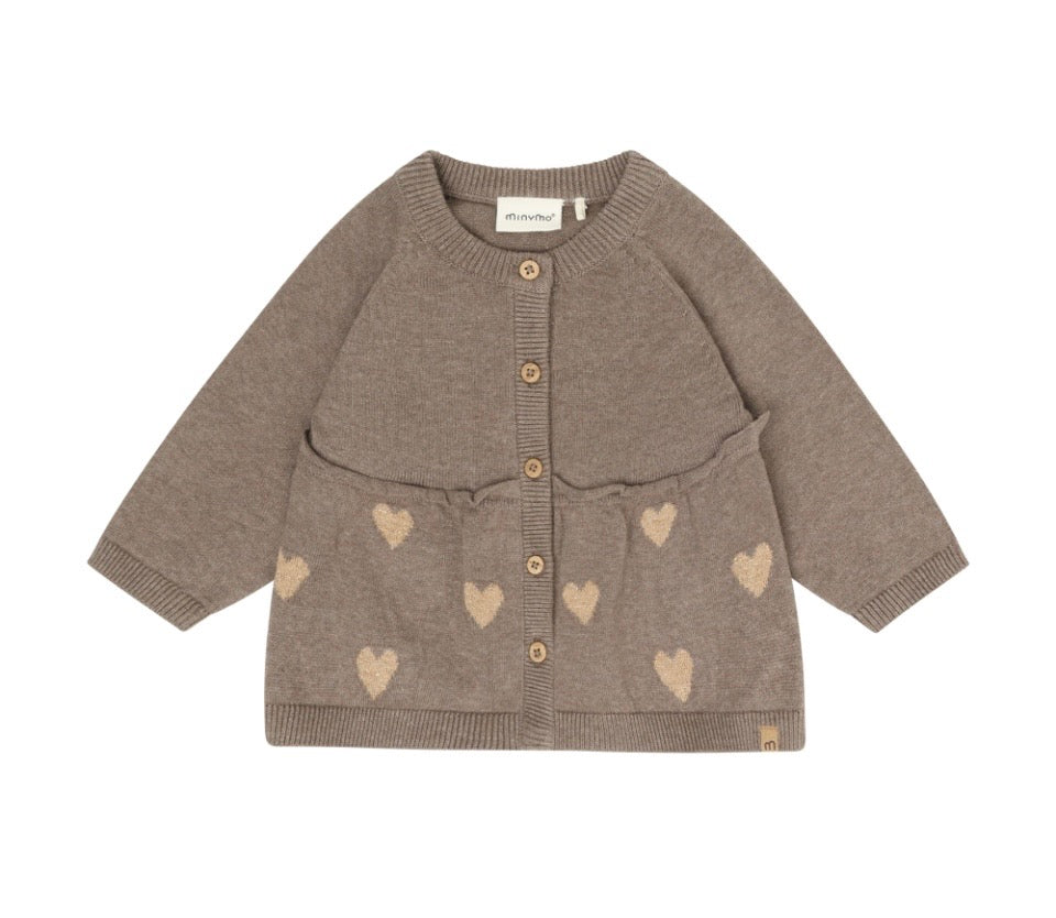 Baby Brown Knit Cardigan With Hearts -Minymo