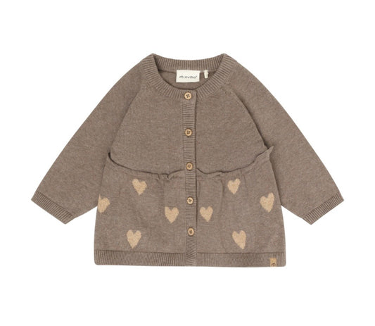 Baby Brown Knit Cardigan With Hearts -Minymo