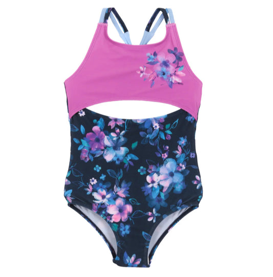Girls Floral Navy One Piece UV Swimsuit-Nano