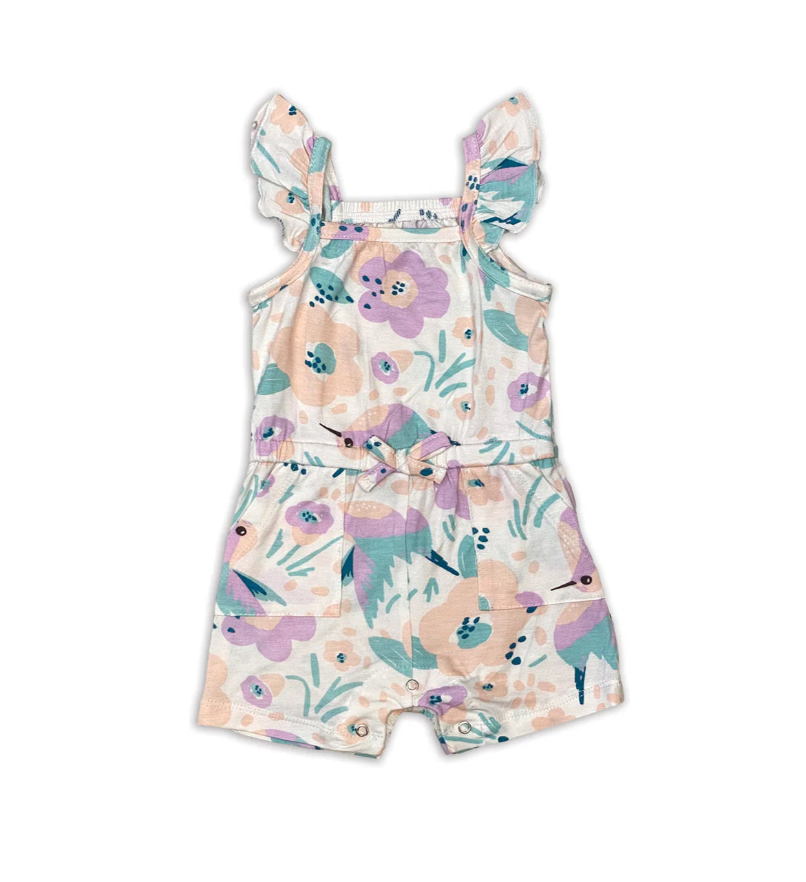 Hummingbird Garden Bamboo Sleeveless Ruffle Romper-Silkberry