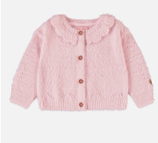 Soft Pink Plush Baby Sweater with Scalloped Edge Collar -Souris Mini