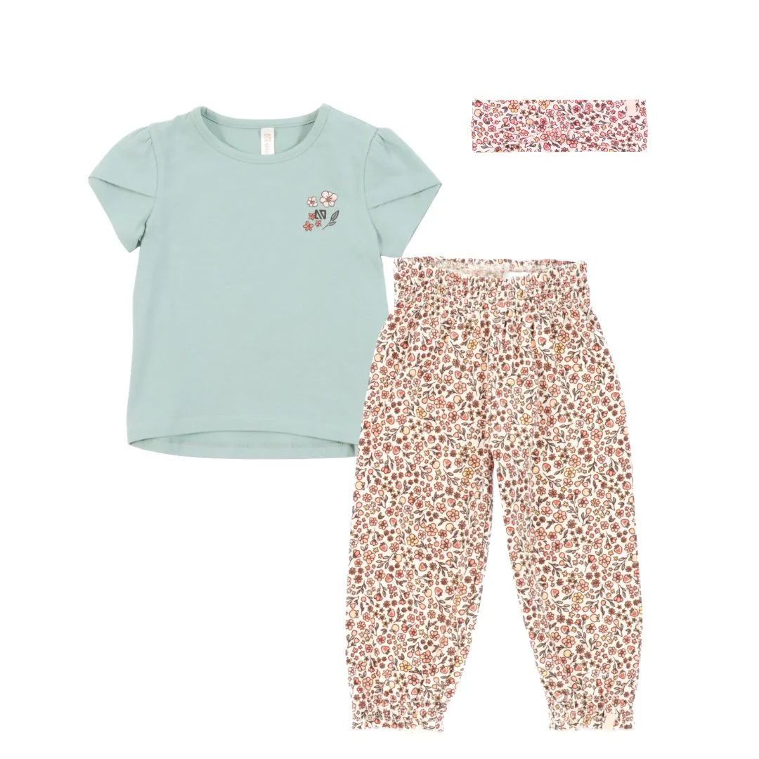 Baby Girl Sage and Brown Floral Pant Set with Hair Bow-Nano