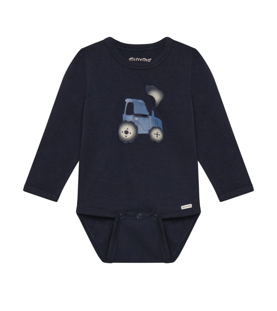 Navy  Blue Organic Cotton Tractor Body Suit with Extended Snap Option-Minymo