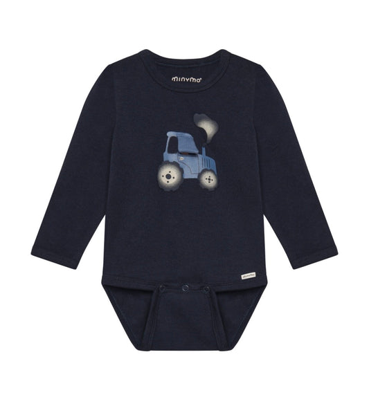 Navy  Blue Organic Cotton Tractor Body Suit with Extended Snap Option-Minymo