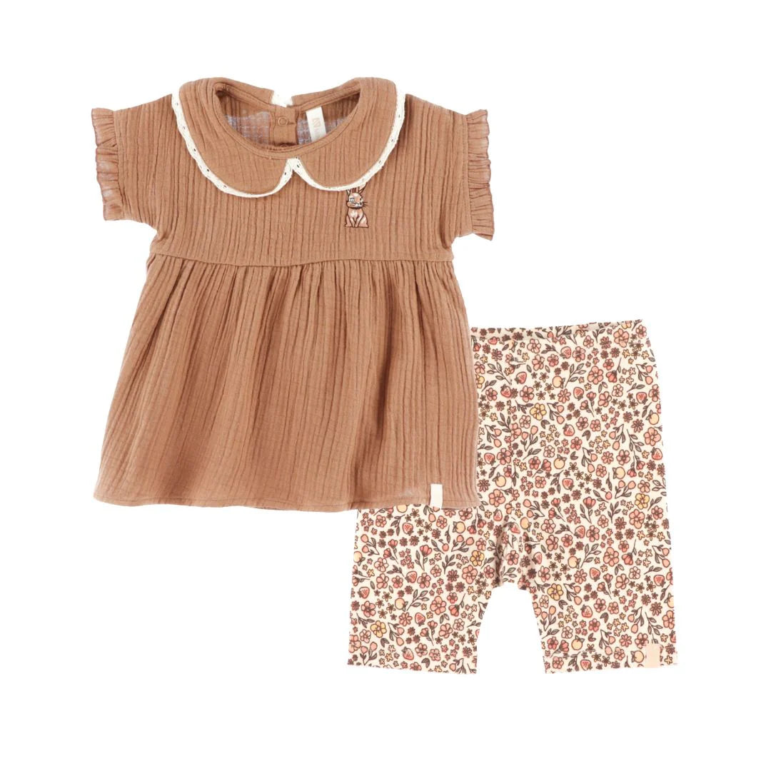 Brown Cotton Dress with Bunny and Floral 3/4 Tights Dress and Tights Set - Nano
