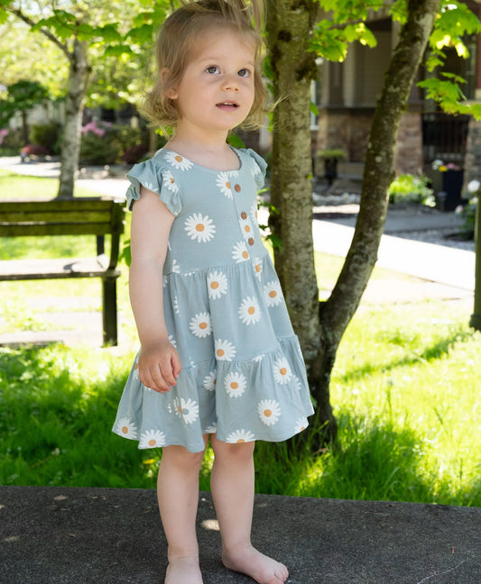 Daisy print Flutter sleeve Tiered dress with bloomer - Silkberry