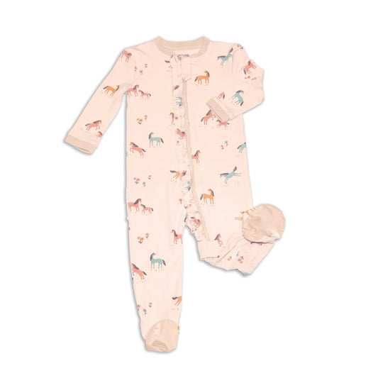 Unicorn Meadow Bamboo Ruffle Footie - 2 Way Zipper -Silkberry