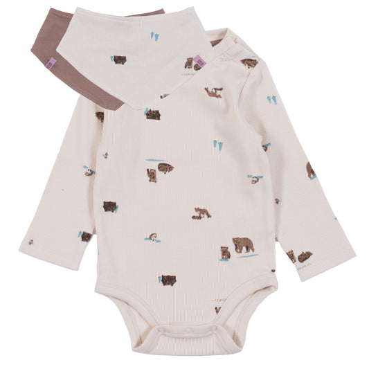 Cream Bear Onesie and Brown Bib Set-Nano