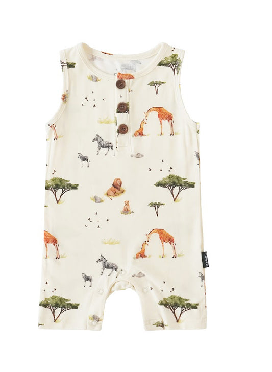 Safari sleeveless Bamboo Romper with Buttons -Belan.J
