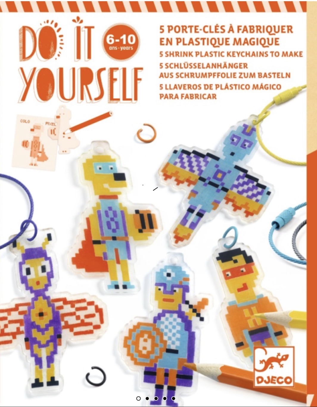 DIY Pixel Hero Shrink Plastic Keychains -Djeco