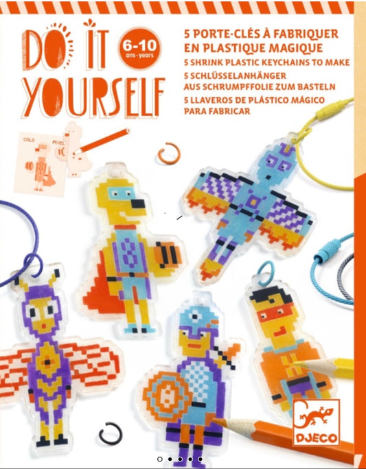 DIY Pixel Hero Shrink Plastic Keychains -Djeco