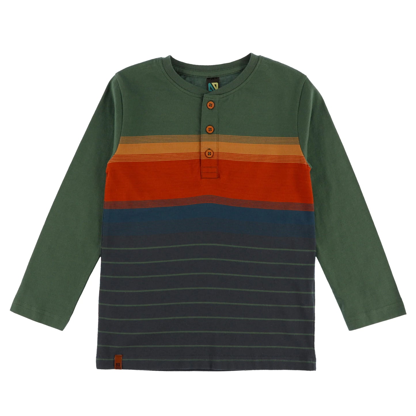 Green with Colour Striped Henley Long Sleeve Shirt-Nano