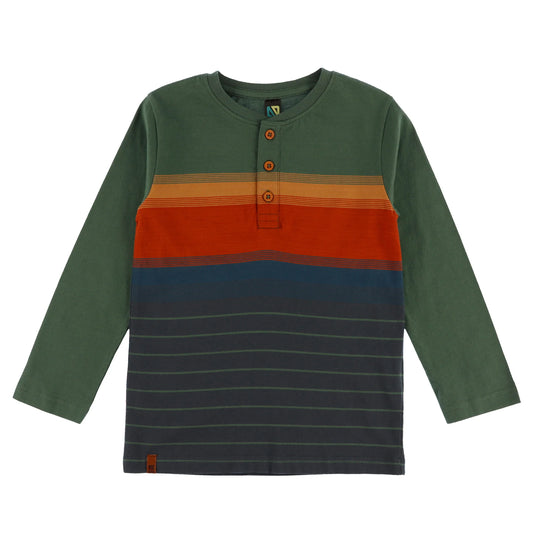 Green with Colour Striped Henley Long Sleeve Shirt-Nano