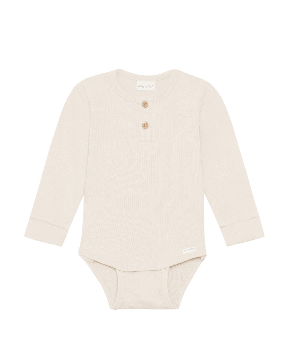 Solid Ribbed Cotton Body Suit Henley Style -Minymo Sage