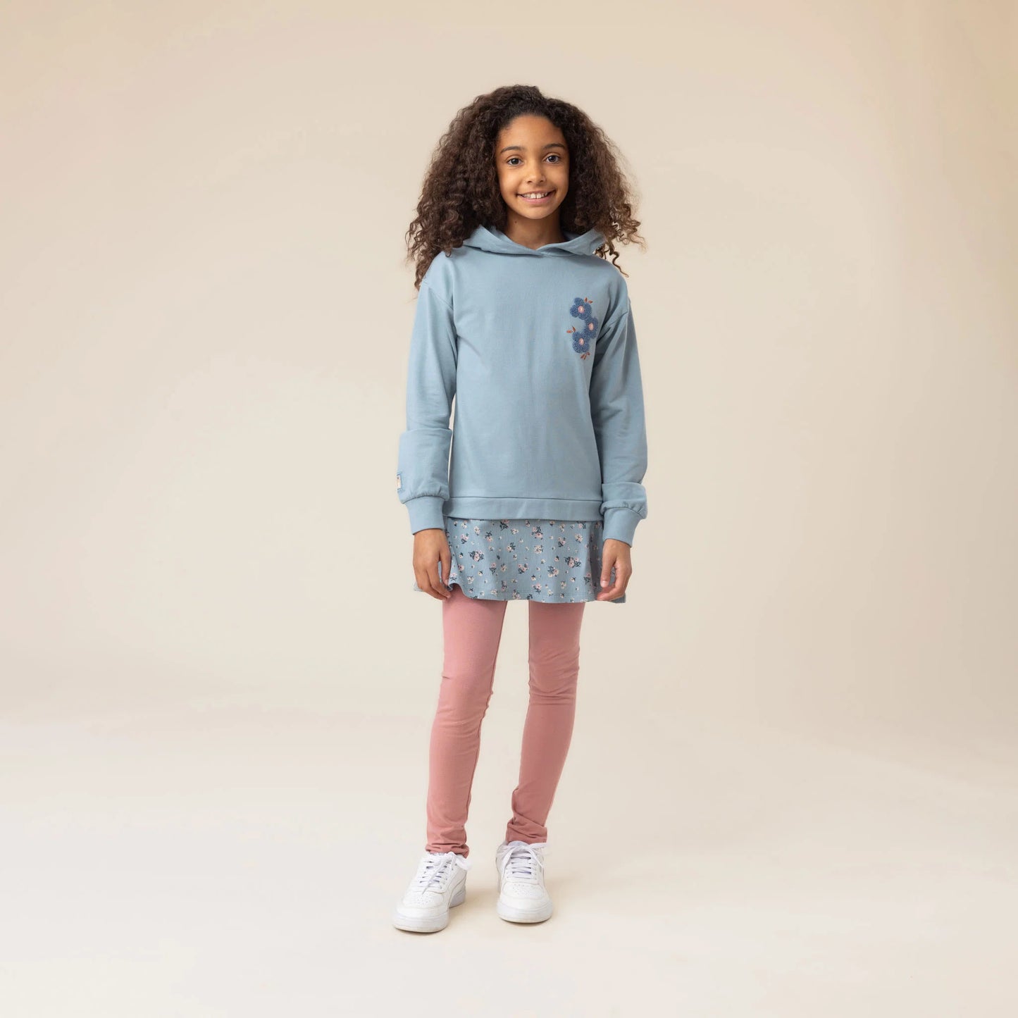 Wedge Blue Hooded Sweatshirt Tunic with Floral Ruffle Bottom-Nano