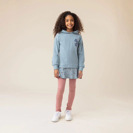 Wedge Blue Hooded Sweatshirt Tunic with Floral Ruffle Bottom-Nano
