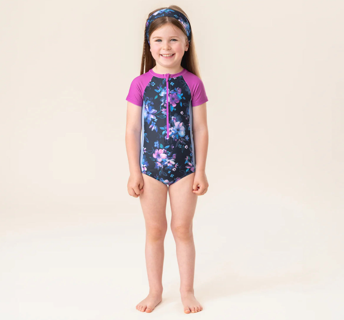 Girls Floral Navy One Piece UV Short Sleeve Swimsuit-Nano