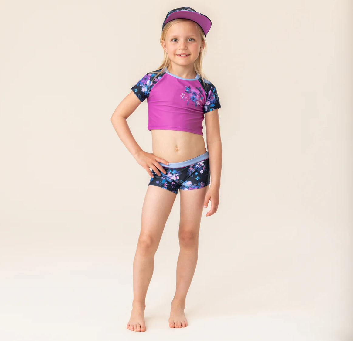 Girls Floral Purple Two Piece Short Sleeve UV Swimsuit-Nano