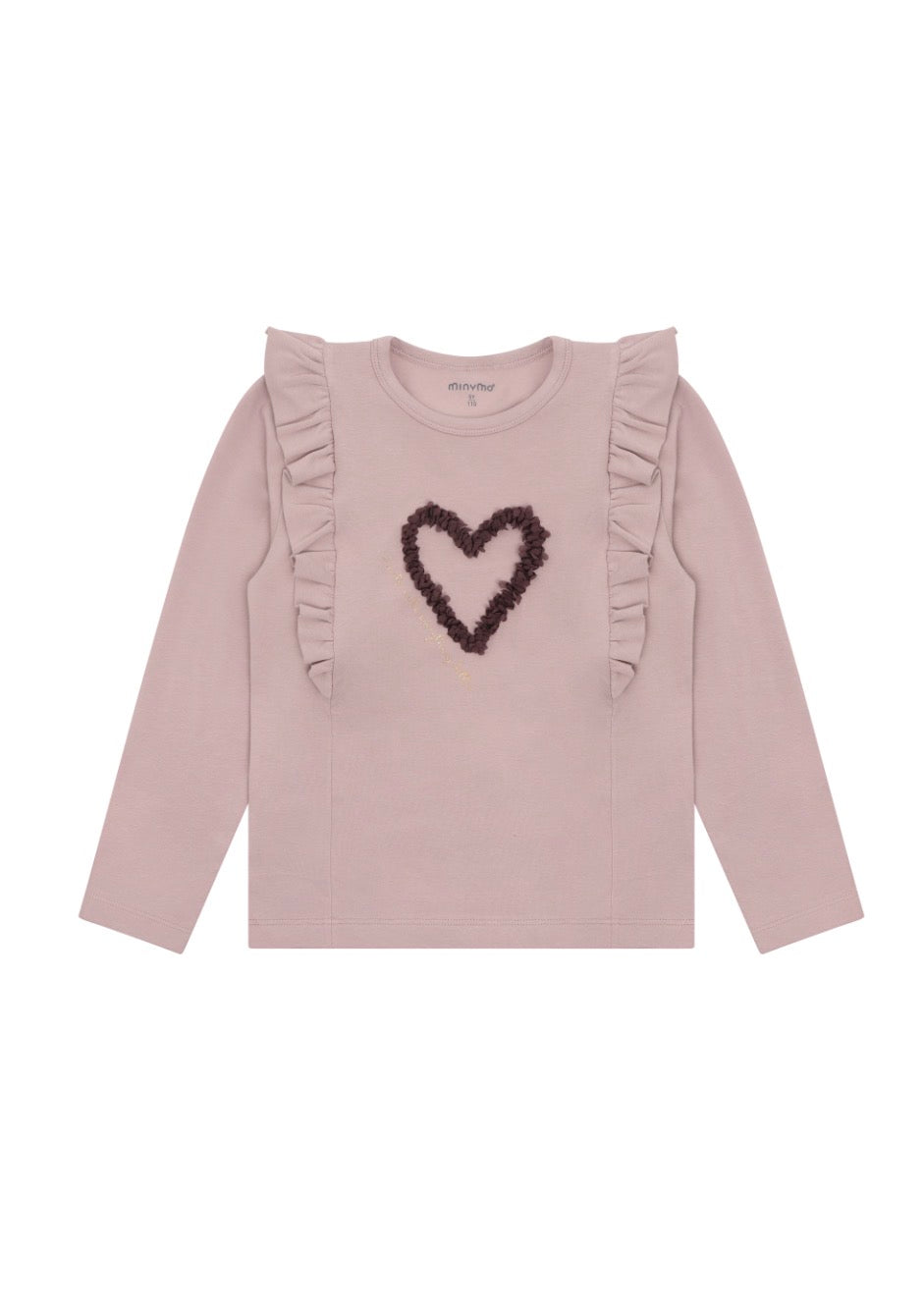 Dusty Rose Top with 3D Heart and Ruffled Drop Shoulder -MinyMo