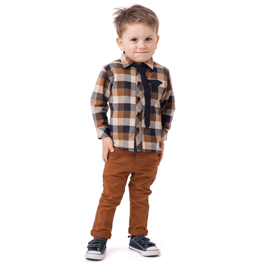 Black and Camel Baby Long Sleeve Shirt with Tie and Knit Back-Nano