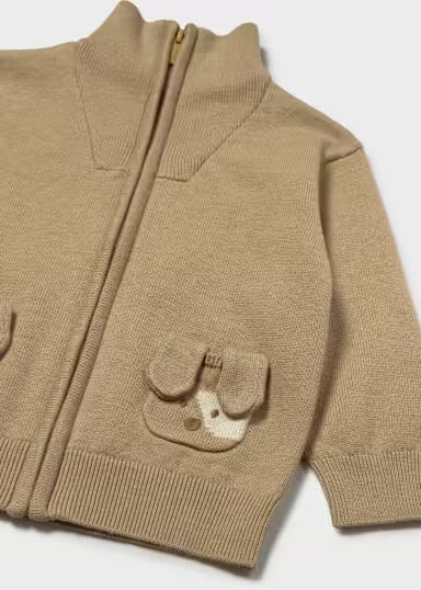 Tan Puppy Pocket Zipper Cardigan  Sweater - Mayoral