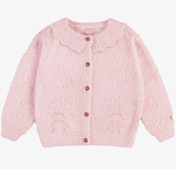 Soft Pink Knit Girls Cardigan with Scalloped Collar-Souris Mini