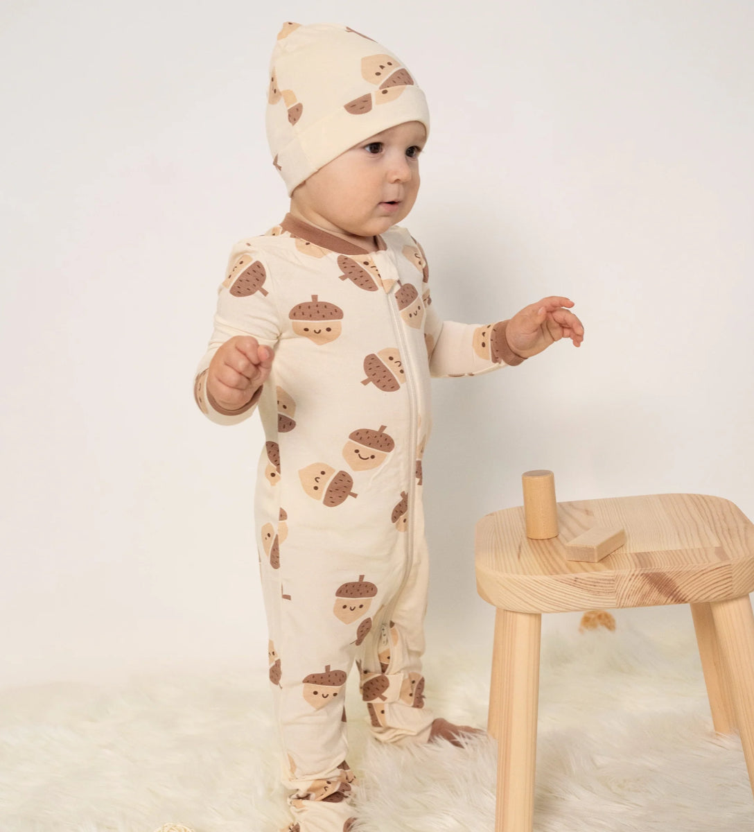 Acorn Pals Print Bamboo Footies With Two Way Zipper-Silkberry