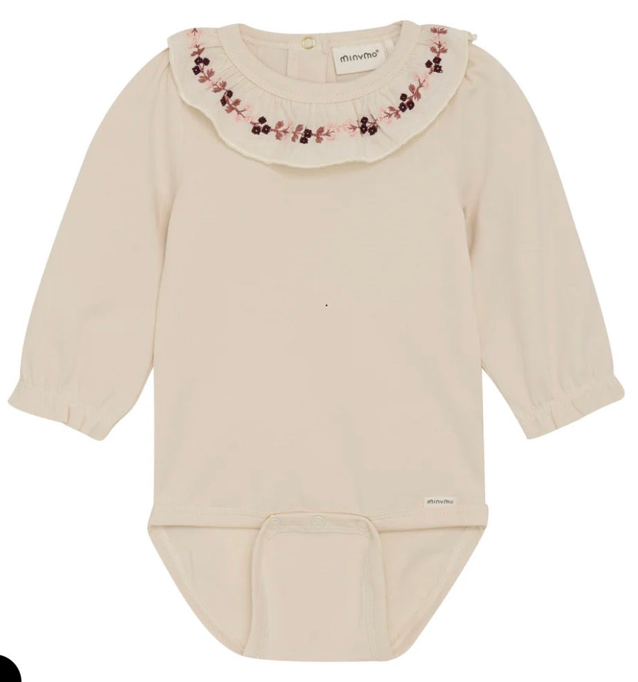 Cream Floral Ruffle Long Sleeved Bodysuit In Cotton-MinyMo