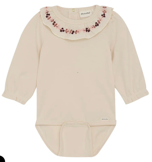 Cream Floral Ruffle Long Sleeved Bodysuit In Cotton-MinyMo