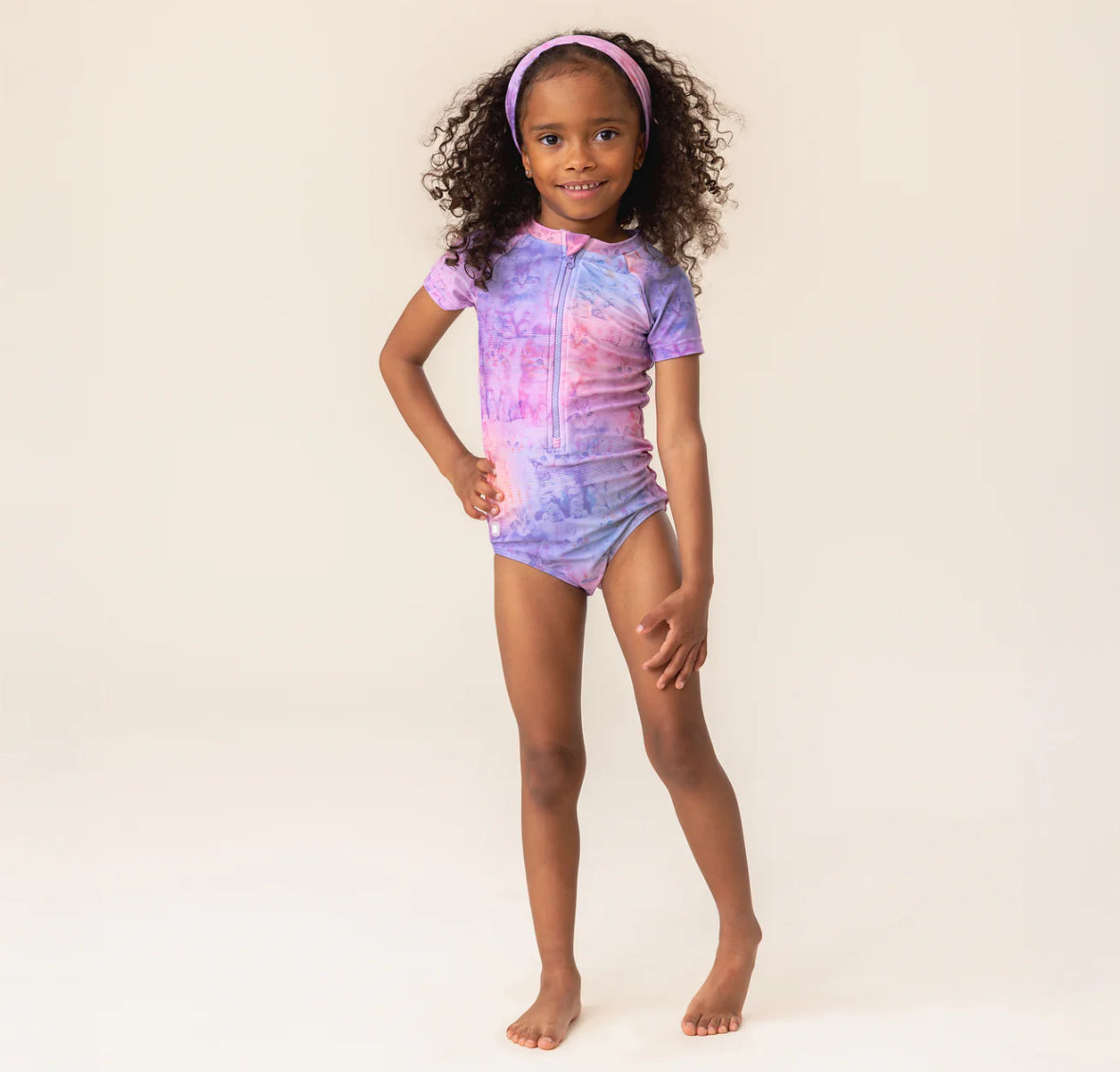 Girls Cat Lilac One Piece Short Sleeve UV Swimsuit-Nano