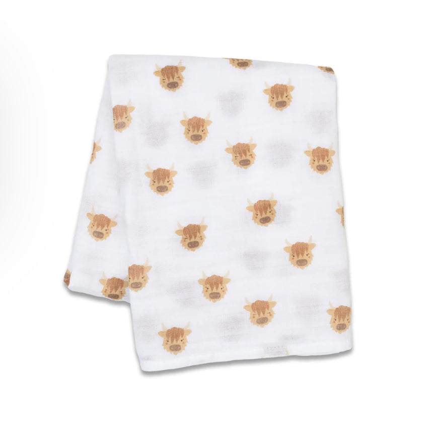 Highland Cow Cotton Muslin Swaddle Blanket 40x40-Lulujo