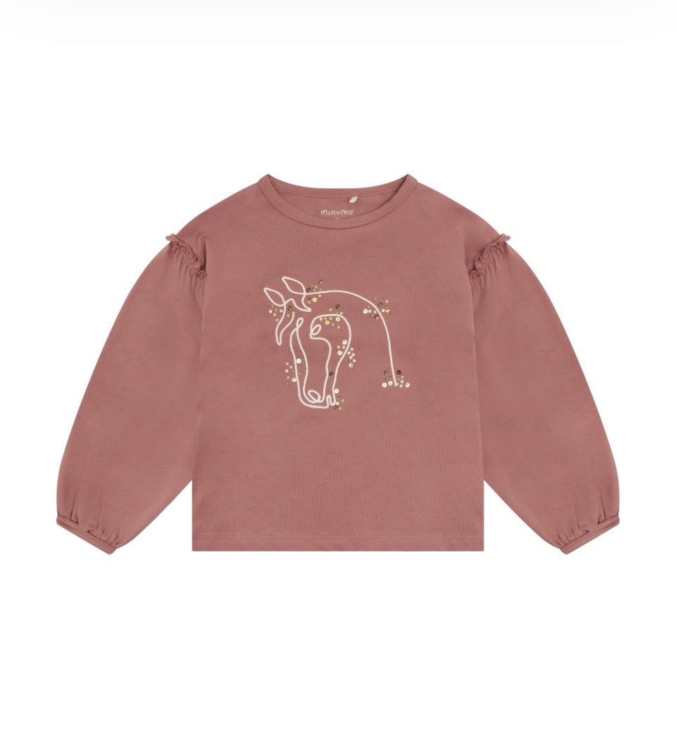 Dusty Rose Sequin Horse Top with Ruffled Drop Sleeve -MinyMo