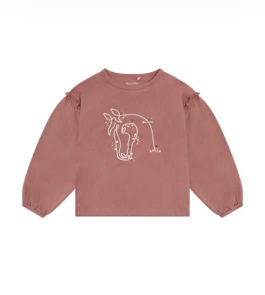 Dusty Rose Sequin Horse Top with Ruffled Drop Sleeve -MinyMo