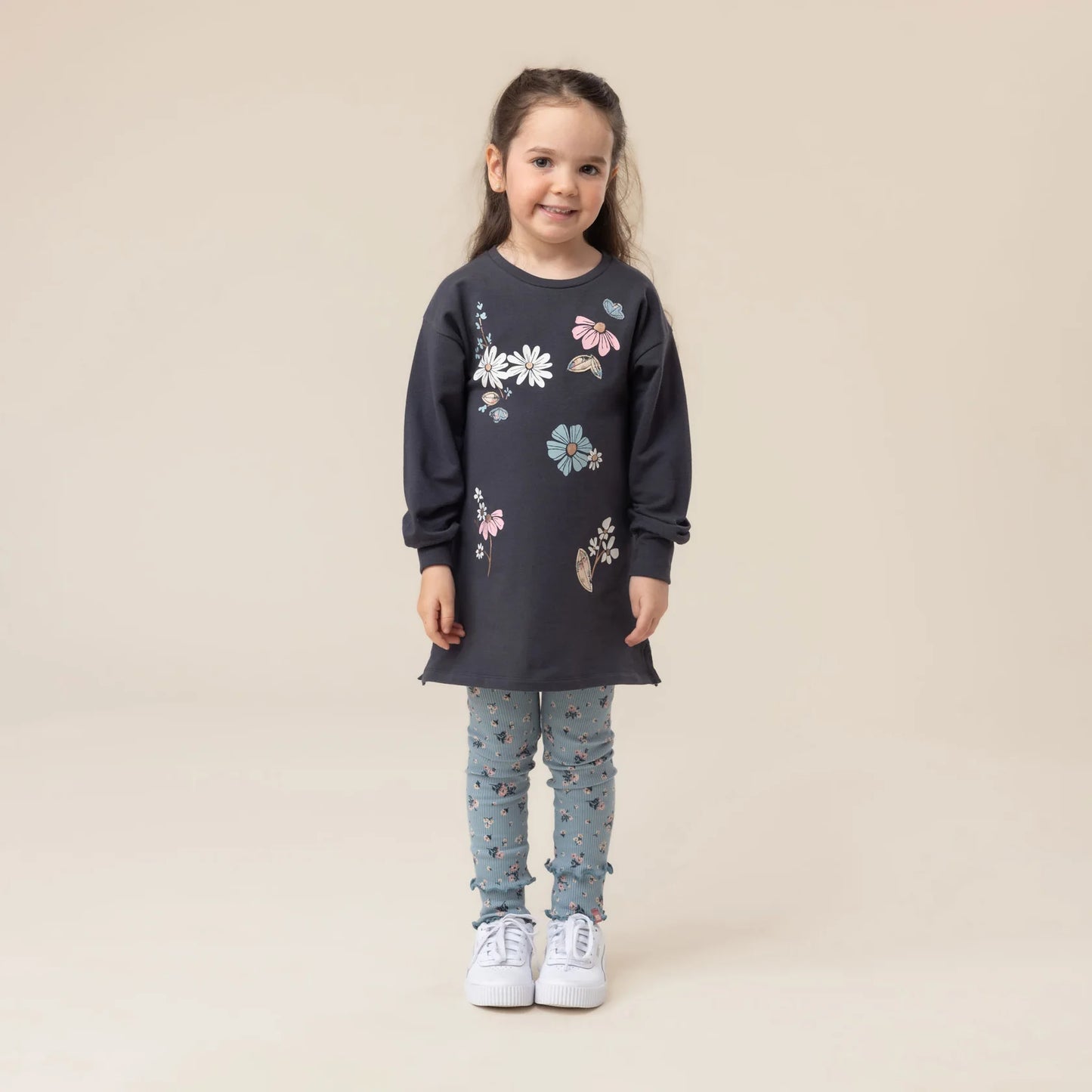 Charcoal Floral Tunic Sweatshirt Dress -Nano