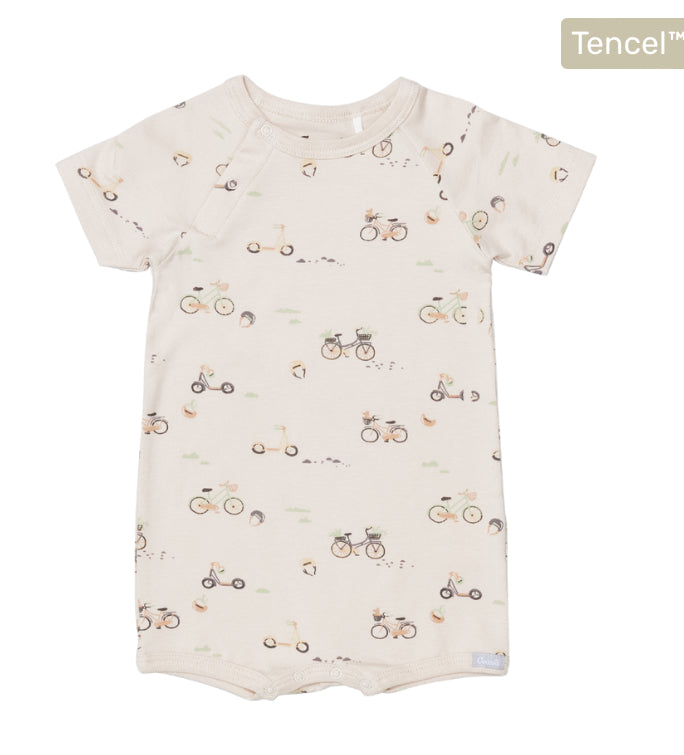 Tan Bicycle Tencel Sleeved Romper - Coccoli