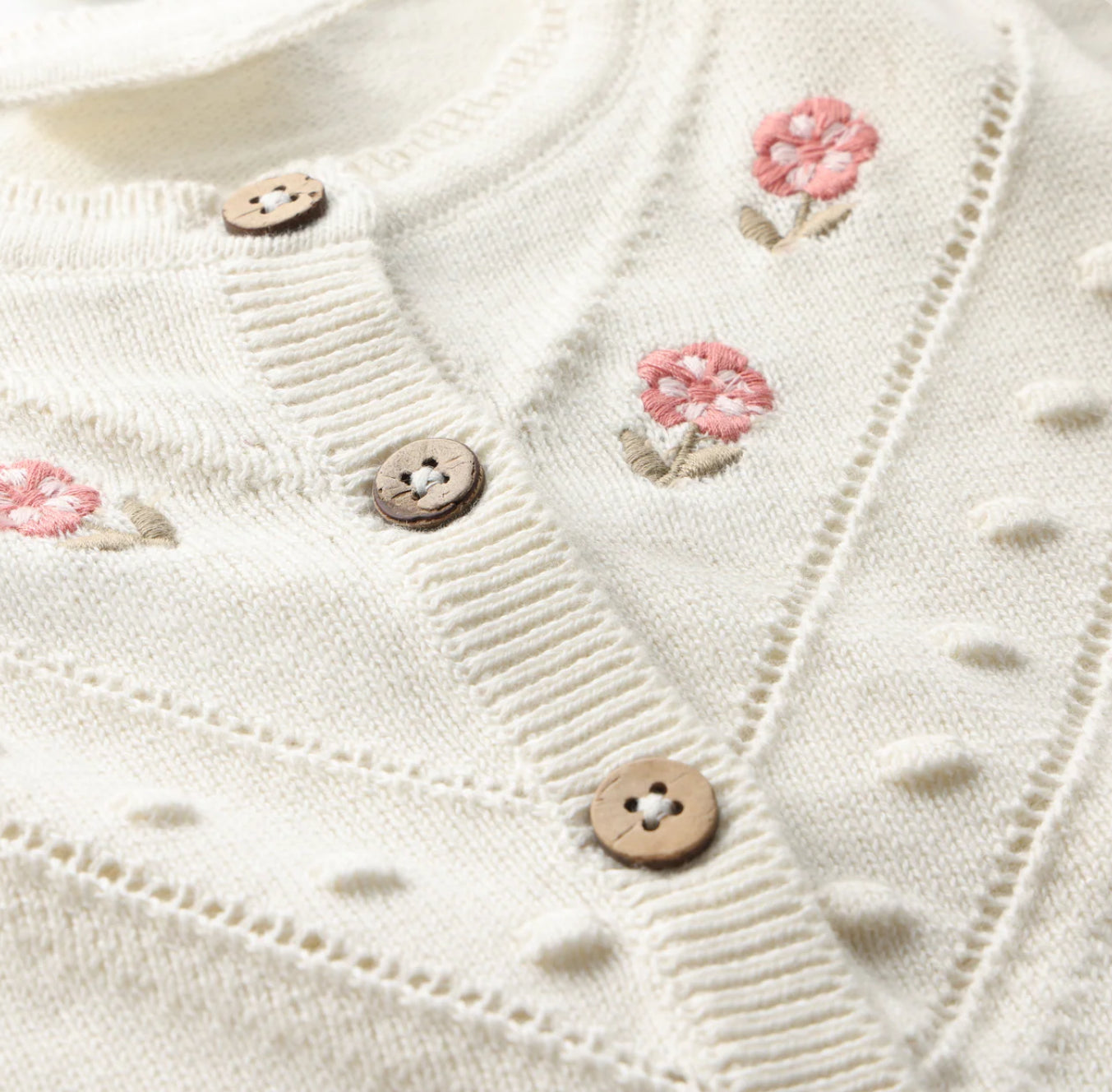 Baby Cream Knit Cardigan With Embroidered Flowers-Minymo