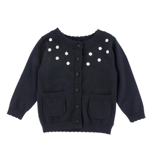 Girls Navy Cardigan With White Flowers-Nano