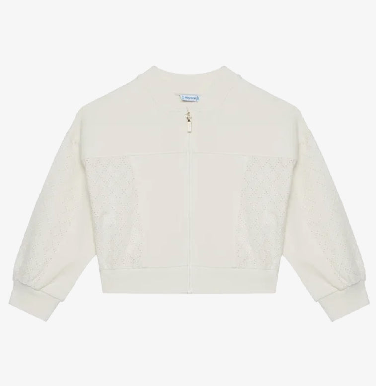 Cream Cropped Eyelet And Knit Zip Up Sweater-Mayoral